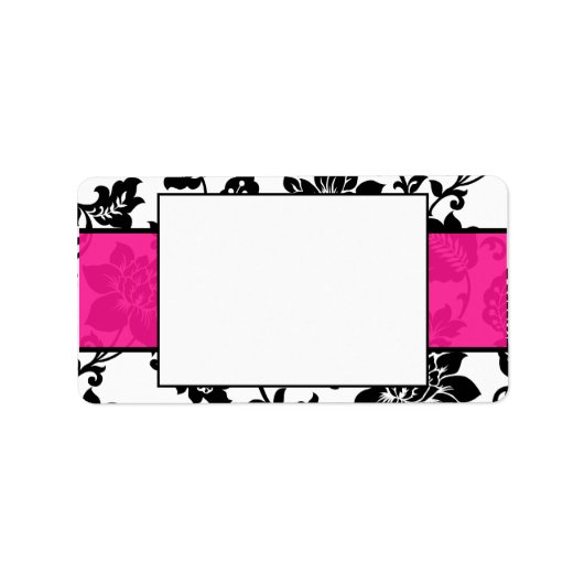 Zwart/Heet Roze Bloemen Damask Bruiloft Mailing La Etiket (Voorkant)