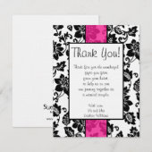 Zwart/Heet Roze Bloemen Damask Dank u kaart (Voorkant / Achterkant)