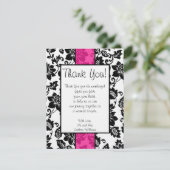 Zwart/Heet Roze Bloemen Damask Dank u kaart (Staand voorkant)