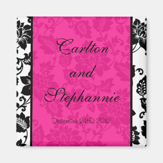 Zwart/Heet Roze Bloemen Damast Bruiloft Magneet Fa