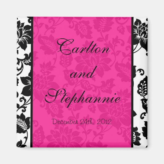 Zwart/Heet Roze Bloemen Damast Bruiloft Magneet Fa (Voorkant)