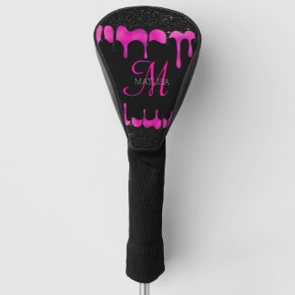 Zwart & Heet Roze Drip Glitter Monogram Naam Golfheadcover