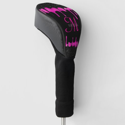 Zwart & Heet Roze Drip Glitter Monogram Naam Golfheadcover (Schuin)