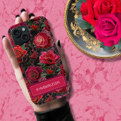 Zwart Heet Roze Glam Rozen Marmeren Monogram Naam Case-Mate iPhone Case
