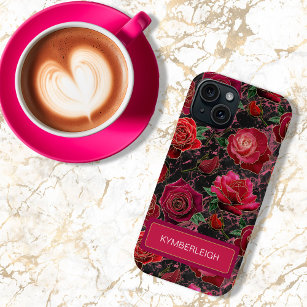 Zwart Heet Roze Glam Rozen Marmeren Monogram Naam iPhone 15 Case