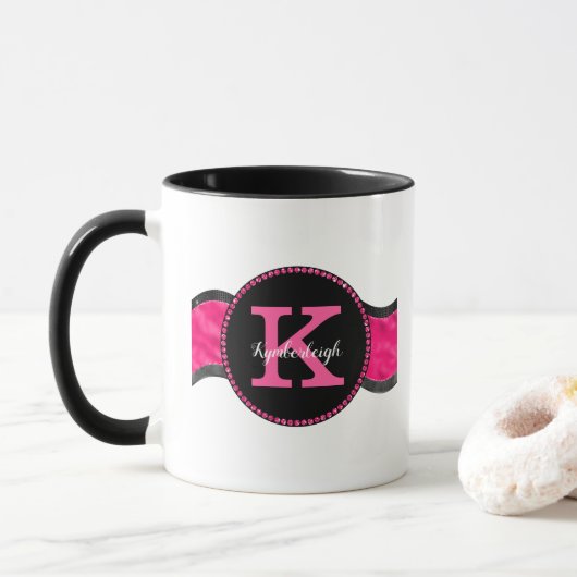 Zwart Heet Roze Grijze Golven Meisje Glam Monogram Mok (Met donut)