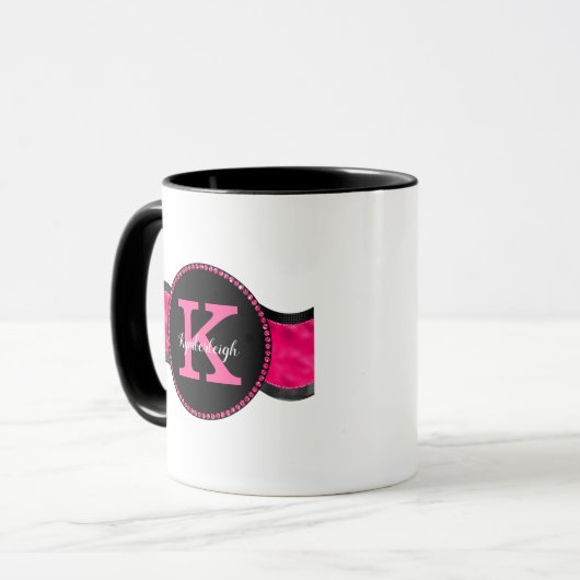Zwart Heet Roze Grijze Golven Meisje Glam Monogram Mok (Voorkant links)