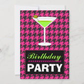 Zwart & heet roze houndstooth verjaardagsfeestje kaart (Achterkant)