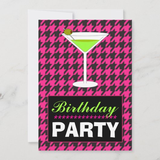 Zwart & heet roze houndstooth verjaardagsfeestje kaart (Achterkant)