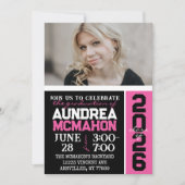 Zwart & Heet Roze Modern Afstuderen Foto Kaart (Voorkant)