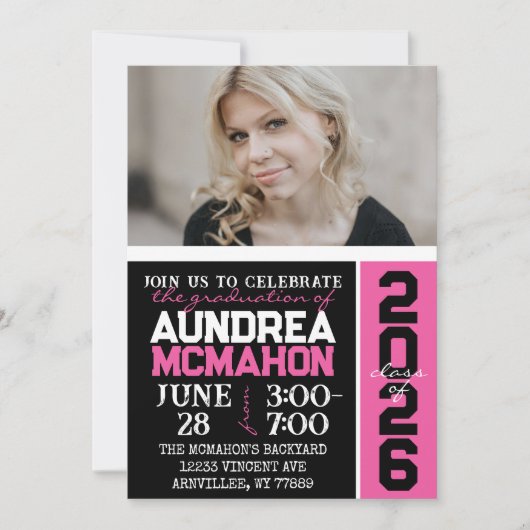 Zwart & Heet Roze Modern Afstuderen Foto Kaart (Voorkant)