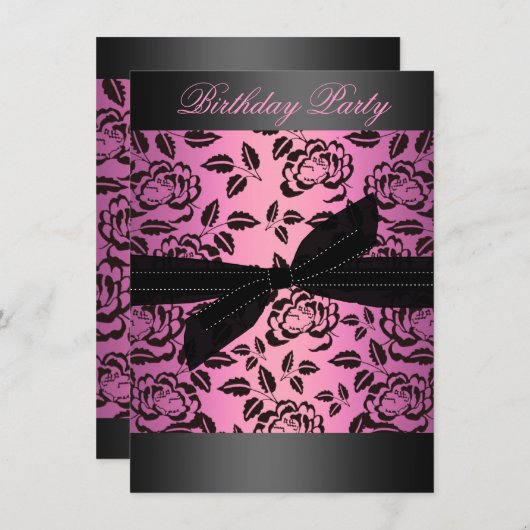 Zwart/Heet Roze Roos & Boog Verjaardagsuitnodiging Kaart (Voorkant / Achterkant)