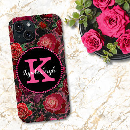 Zwart Heet Roze Rozen Marmeren Diamant Monogram Na iPhone 15 Case