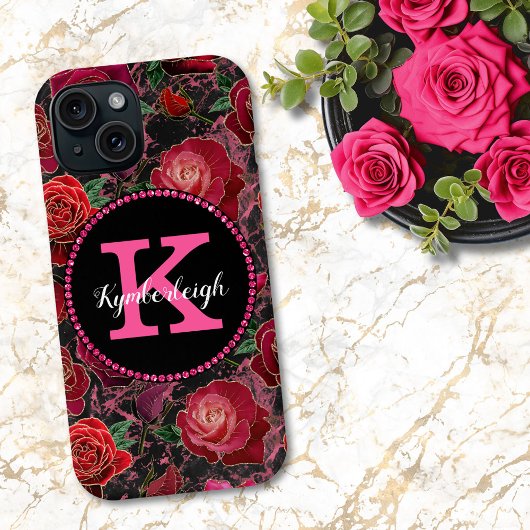 Zwart Heet Roze Rozen Marmeren Diamant Monogram Na Case-Mate iPhone Case