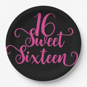 Zwart & Heet Roze Sweet 16 Verjaardagsfeestje Papieren Bordje