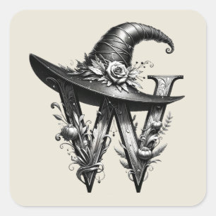 Zwart Heks Pet Witchy Letter W Custom Initiaal Vierkante Sticker
