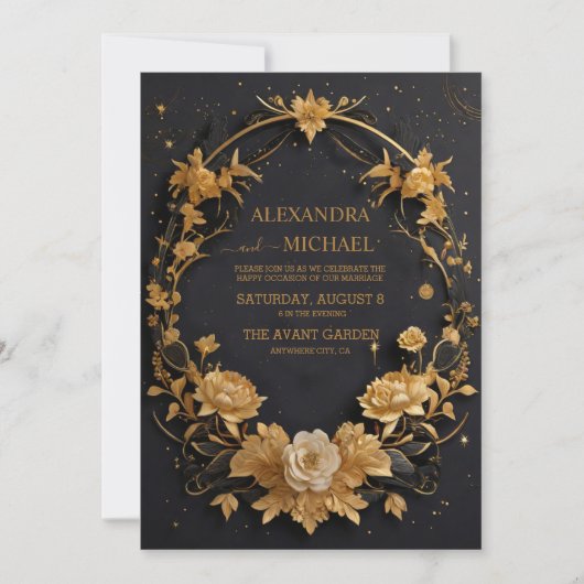 Zwart hemels mystiek goud maan bruiloft kaart (Voorkant)