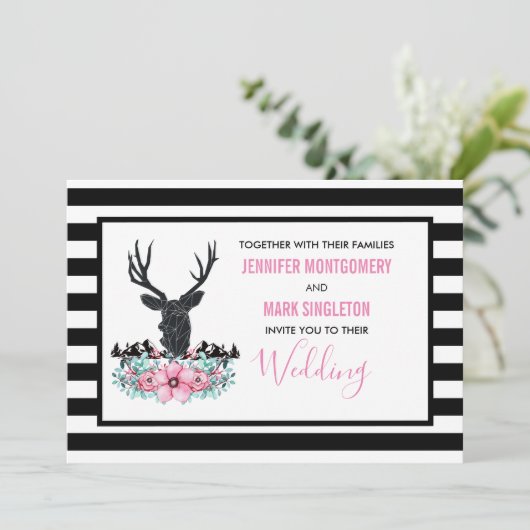 Zwart Herten Hoofd w / Roze Bloemen & Berg Bruilof Kaart (Staand voorkant)