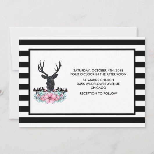 Zwart Herten Hoofd w / Roze Bloemen & Berg Bruilof Kaart (Achterkant)