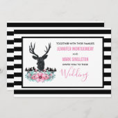 Zwart Herten Hoofd w / Roze Bloemen & Berg Bruilof Kaart (Voorkant / Achterkant)