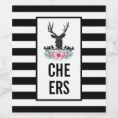 Zwart Herten Hoofd w / Roze Bloemen & Bergen Proos Wijn Etiket (Enkel label)