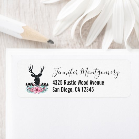 Zwart Hertenhoofd w / roze bloemen & bergen Etiket (Insitu)