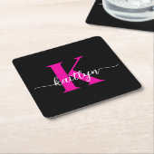 Zwart hete roze monogram kartonnen onderzetters (Schuin)