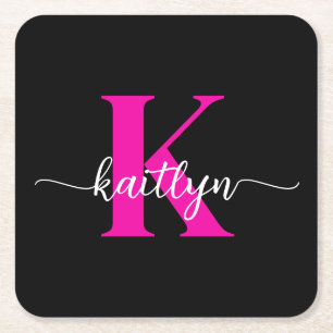 Zwart hete roze monogram kartonnen onderzetters