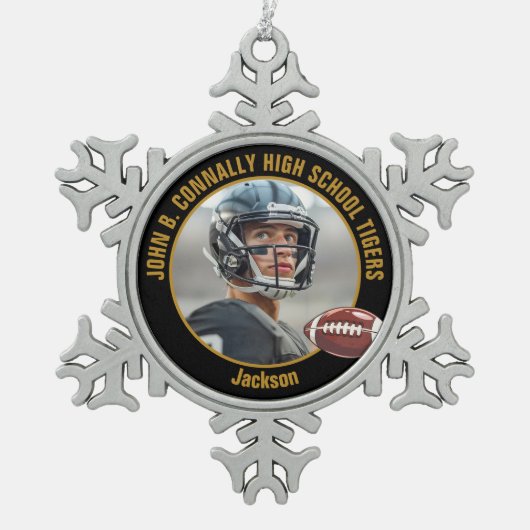 Zwart High School Football Speler Foto Tin Sneeuwvlok Ornament (Voorkant)