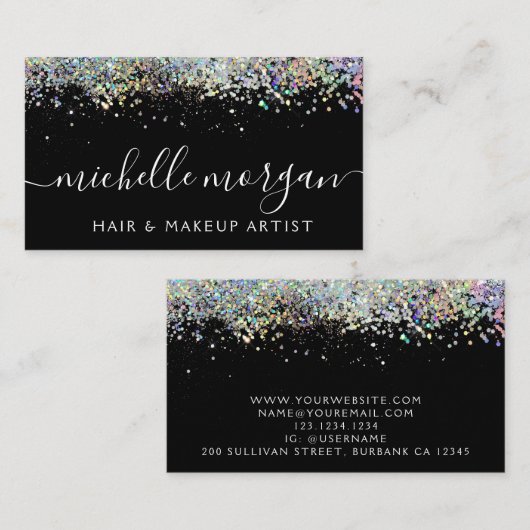 Zwart holografisch glitter-haar & makreel contactkaartje (Voorkant / Achterkant)