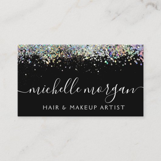 Zwart holografisch glitter-haar & makreel contactkaartje (Voorkant)