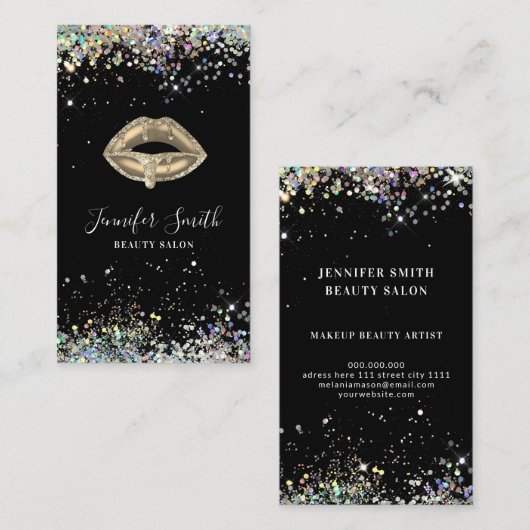Zwart Holografisch Glitter Make-up Artiest Gouden  Visitekaartje (Voorkant / Achterkant)
