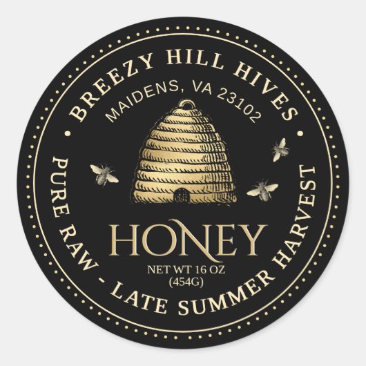 Zwart Honey Jar Label (Gouden Skep) stippelrand (Voorkant)