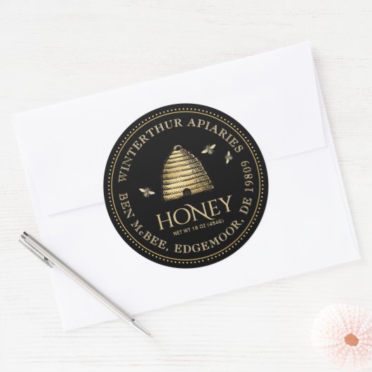 Zwart Honey Jar Label ( Skep) stippelrand (Envelop)