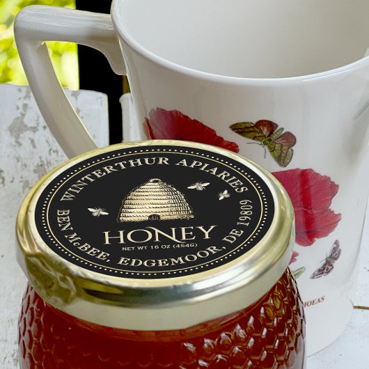 Zwart Honey Jar Label ( Skep) stippelrand