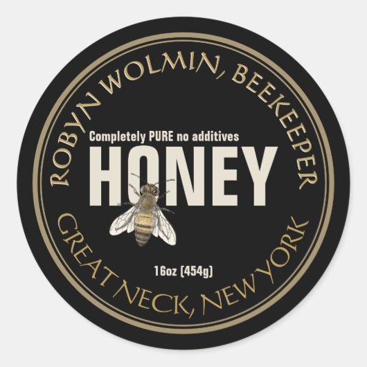 Zwart Honey Label met Bee Modern (Voorkant)