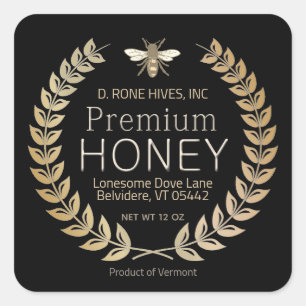 Zwart Honing Label Heraldic Bee Gold Laurel Wreath
