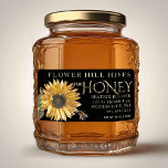 Zwart Honing Label Zonnebloem Bee Metallic Goud Te<br><div class="desc">Zwart label met  zonnebloemillustratie en Realistic Bee. Het woord "honing" is geschreven in een decoratief lettertype.</div>