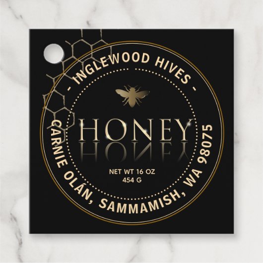 Zwart honingetiket met Honeycomb-patroon Bedankjes Labels (Voorkant)