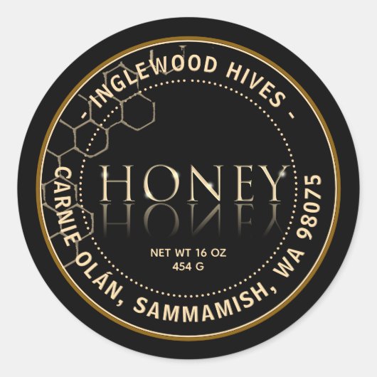 Zwart honingetiket met Honeycomb-patroon Ronde Sticker (Voorkant)