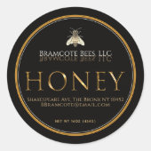Zwart honingetiket met metalen  bijen ronde sticker (Voorkant)