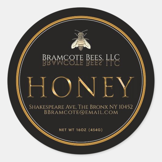 Zwart honingetiket met metalen  bijen ronde sticker (Voorkant)