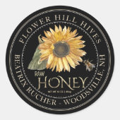Zwart honingetiket Zonnebloem en metalen goudtekst Ronde Sticker (Voorkant)