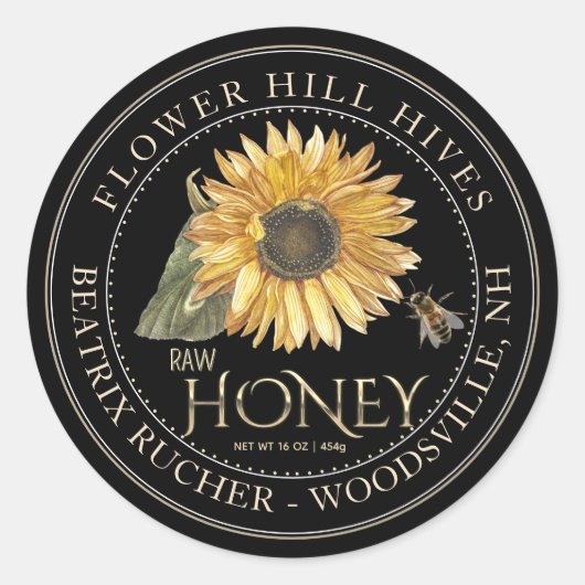 Zwart honingetiket Zonnebloem en metalen goudtekst Ronde Sticker (Voorkant)