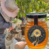 Zwart honingetiket Zonnebloem en metalen goudtekst Ronde Sticker