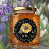 Zwart honingetiket Zonnebloem en metalen goudtekst Ronde Sticker