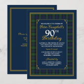 Zwart horloge Tartan 90ste verjaardag uitnodiging (Voorkant / Achterkant)