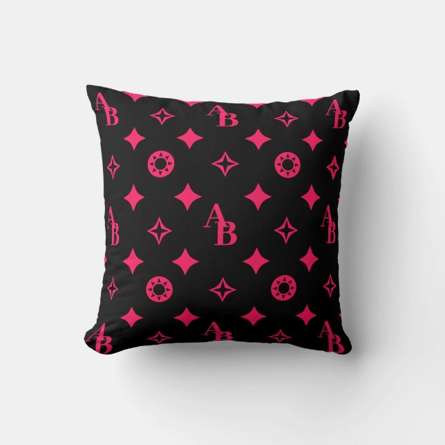 Zwart + Hot Pink aangepast Initiaal monogram patro Kussen (Voorkant)