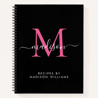 Zwart Hot Pink Magenta Monogram Script Naam Recept Notitieboek