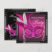 Zwart Hot Pink Mask Hot Pink Masquerade Party Kaart (Voorkant / Achterkant)
